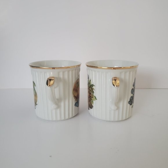 Vintage CZECHOSLOVAKIA PORCELAIN Collector Mugs 2pcs Gold Rimmed Fruit Motifs - Picture 4 of 9